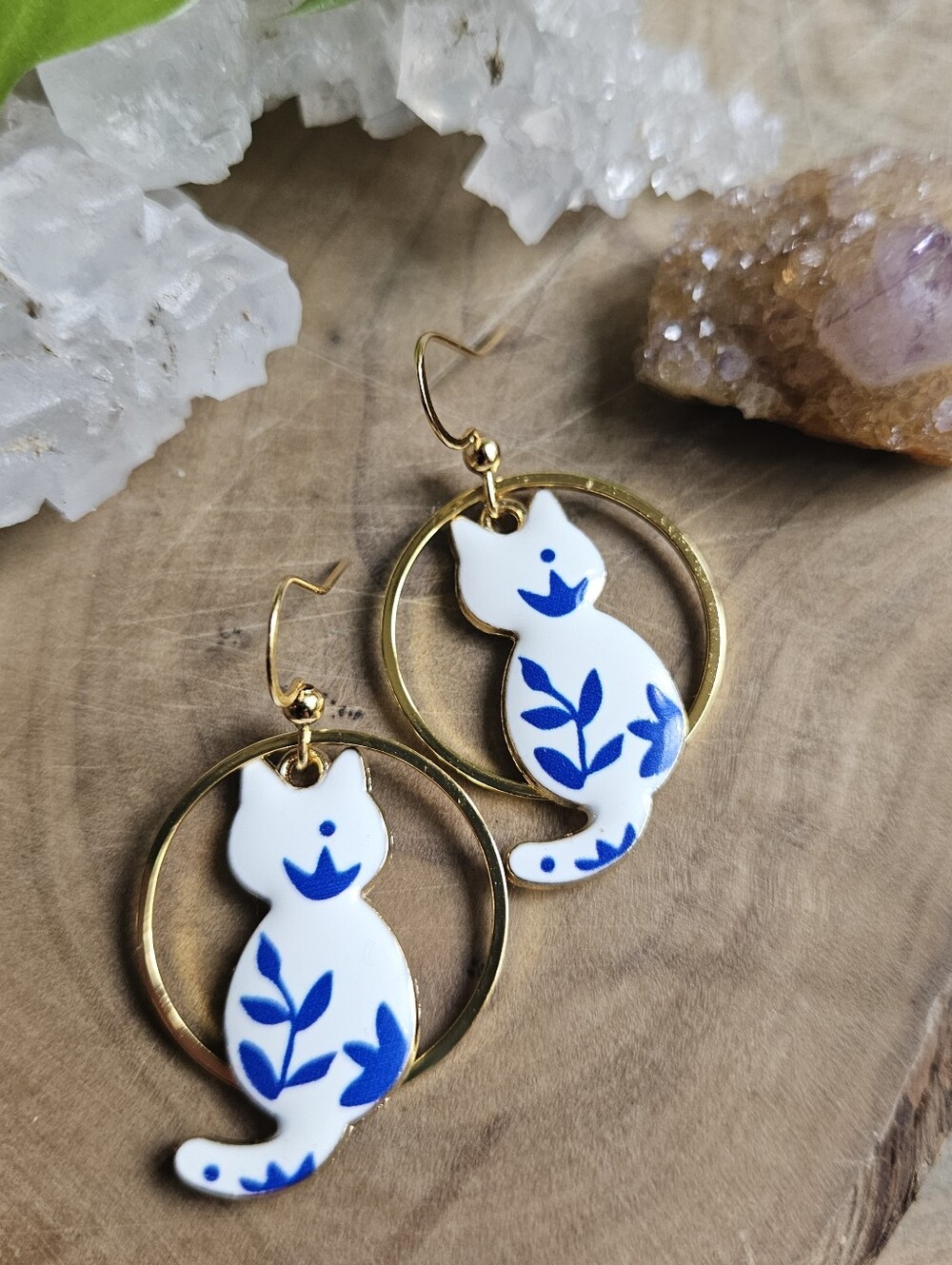Handmade Elegant Blue & White Enamel Cat Kitty Hoop Earrings